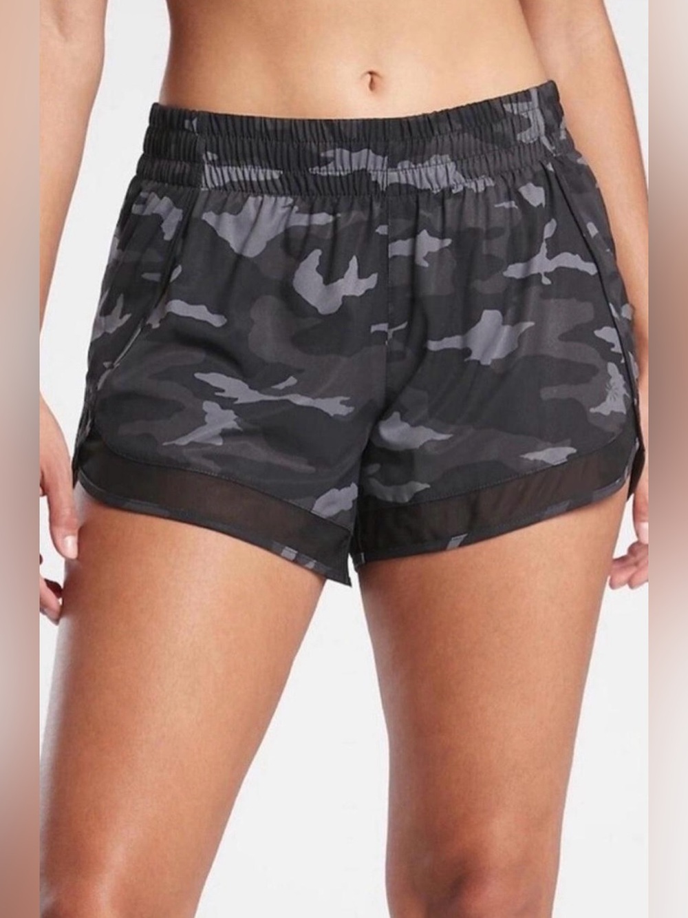 Athleta Printed Mesh Racer Run Shorts Black Camo, size S, like new!